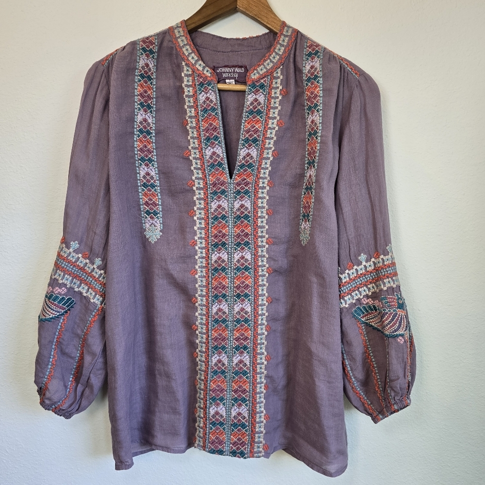 🐦EUC Johnny Was Purple Bird Embroidered Blouse SMALL - Picture 2 of 12